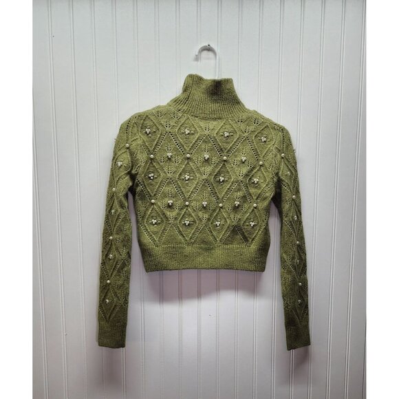 Zara Beaded Olive Green Cropped Turtleneck Sweater With Diamond Knit Design & Pe - Picture 7 of 10